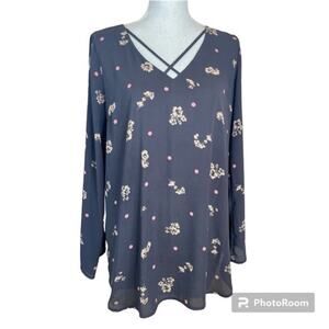 Express Women Gray Floral Business Casual Lightweight Professional Tunic Blouse